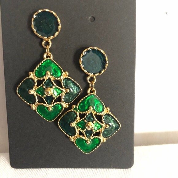 Shiny Green Diamond Filigree Dangle Stud Earrings - Picture 1 of 5